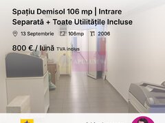 Spatiu Demisol 106 mp | Intrare Separata + Toate Utilitatile Incluse